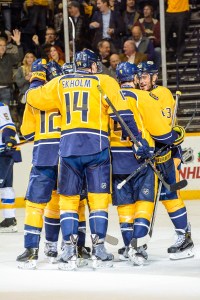 The Predators celebrate Eric Nystrom's goal. (Jim Diamond/Rinkside Report)